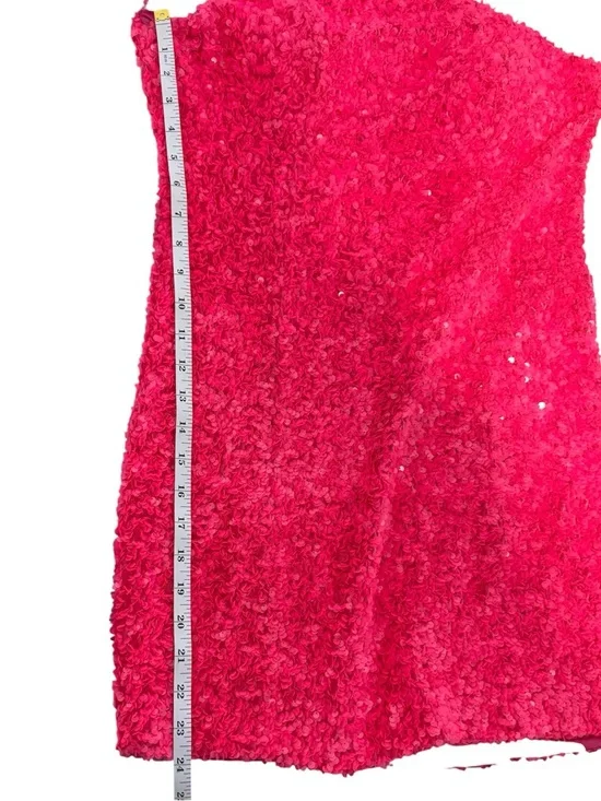 Hot Pink Sequin One Shoulder Mini Dress Textured Party Cocktail Large - Picture 6 of 9